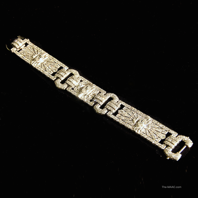 ine geometric design Art Deco bracelet with platinum set diamonds. Platinum and diamond. USA, 1930s. L: 7″
