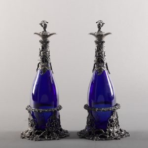 Pair of Cobalt Glass Bottles. Cobalt blue glass bottles with original holders. Silver plate and glass, England, 1880.