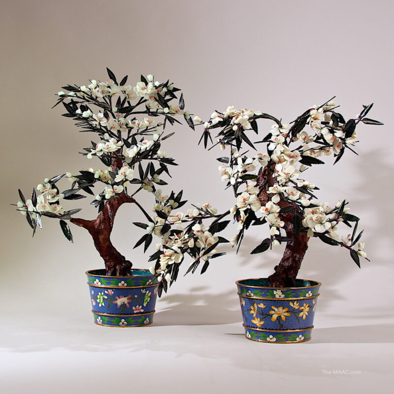Pair of Jade Flowers with Cloisonne Planters