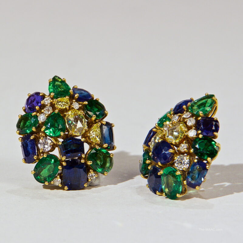 Fabulous Pair of Diamond, Sapphire and Tsavorite Earclips