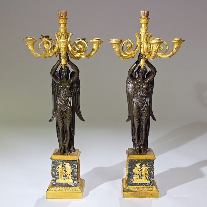 Pair of Empire Gilt Bronze and Marble Candelabras
