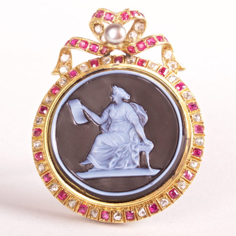Antique Hardstone Cameo in Ruby and Diamond Brooch