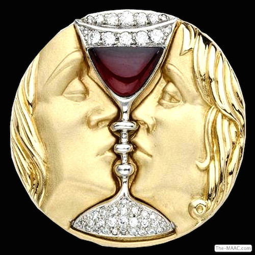 Tristan and Isolde Brooch by Salvador Dali, signed, 18K gold with garnet and diamonds, USA, circa 1980.