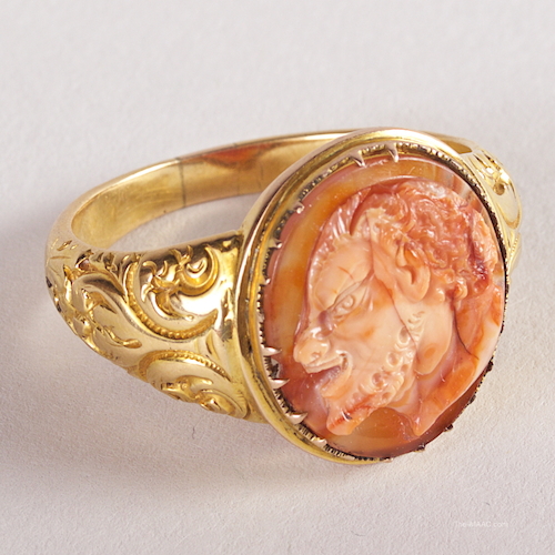 irca 1600 agate Satyr head cameo set in 19th century gold ring with chased gold shoulders, great cameo, a very wearable ring. Agate and gold, European possibly English or Italian, cameo circa 1600 ring and mounting circa 1840.