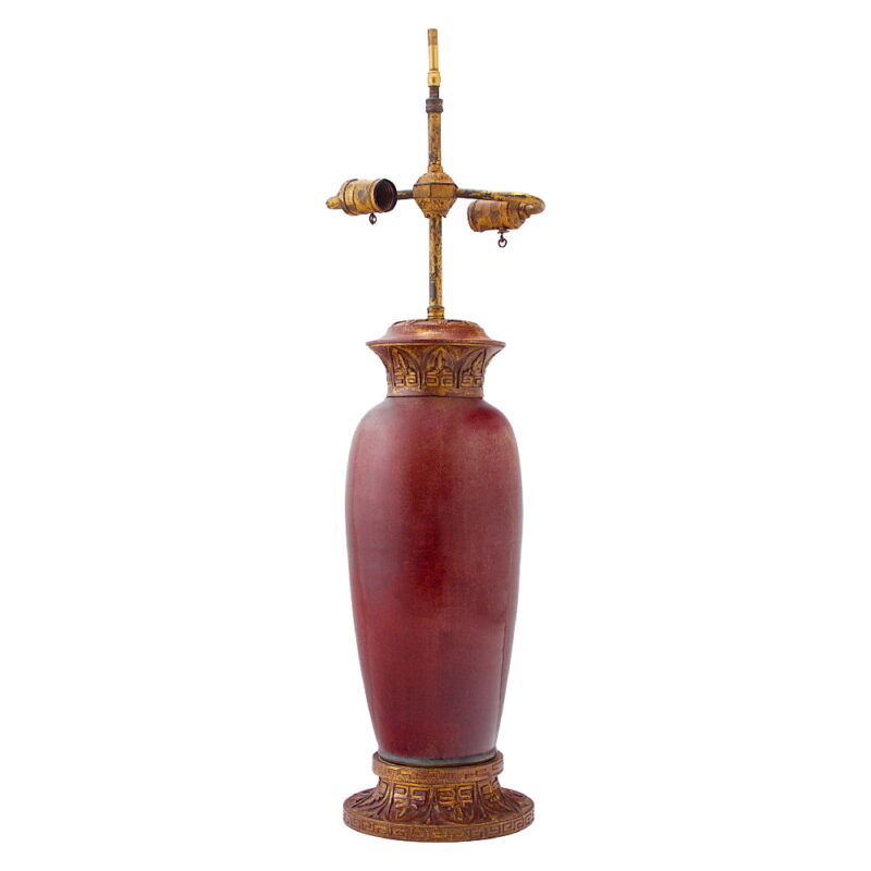 A Fine Caldwell Carved Wood and Porcelain Lamp