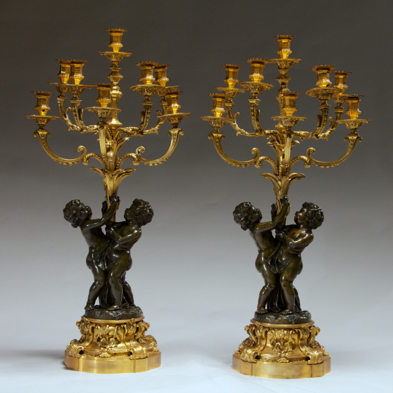 Fine Pair of Gilt and Patinated Bronze Candelabras Signed Deniere