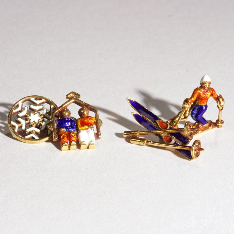 Pair of 18K Gold and Enamel Skier Cufflinks