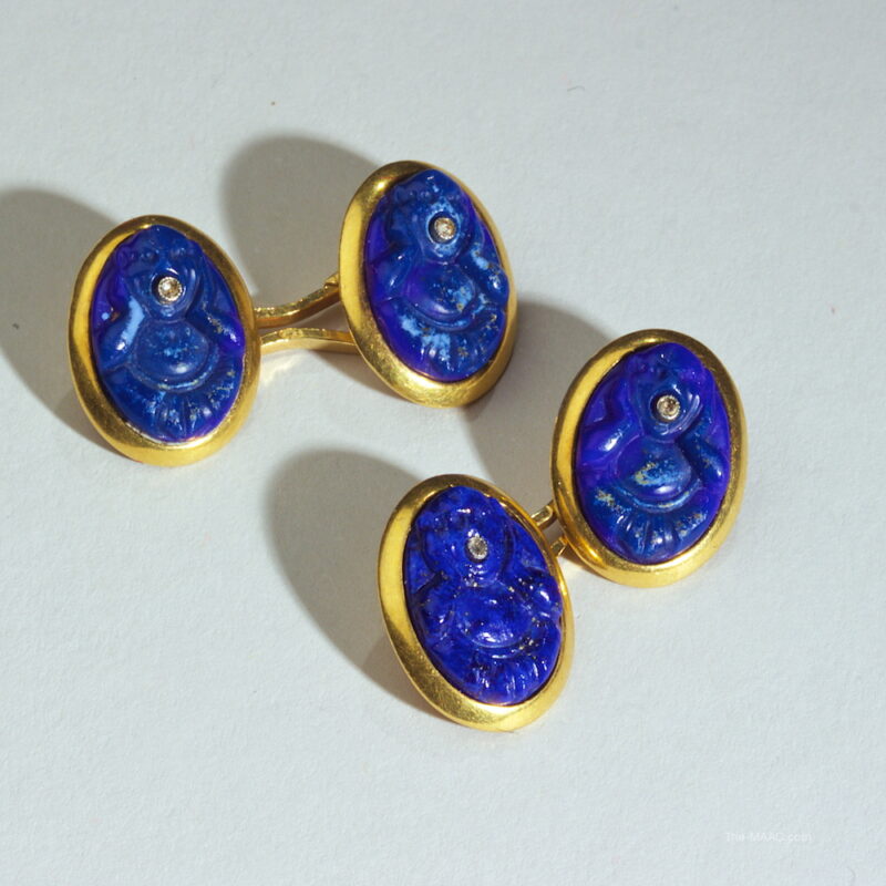 French Blue Glass and Rose Diamond Buddha Cufflinks