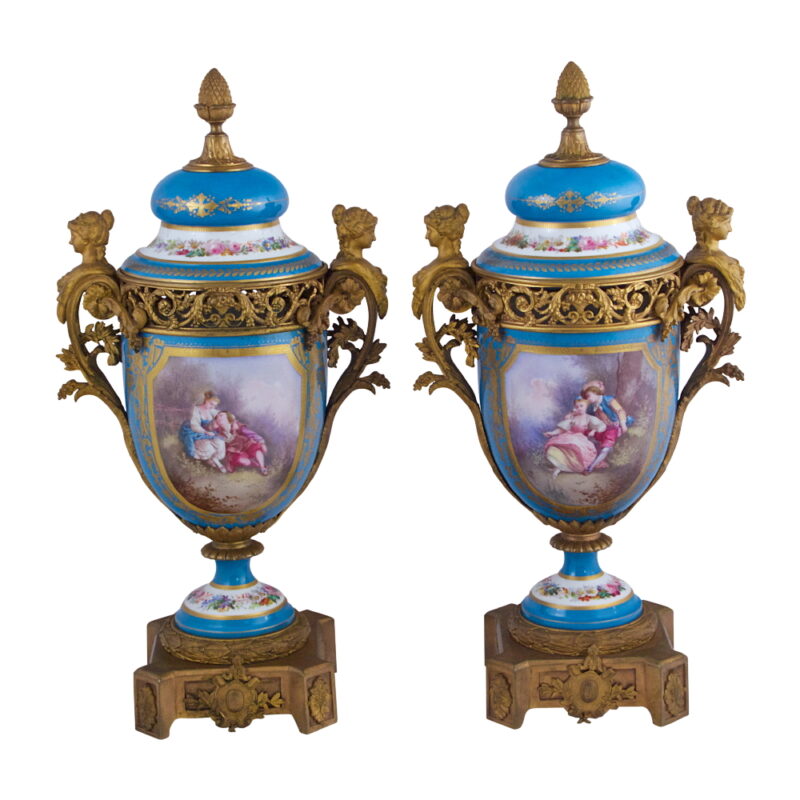 Pair of Sevres Style Gilt Bronze Porcelain Vases