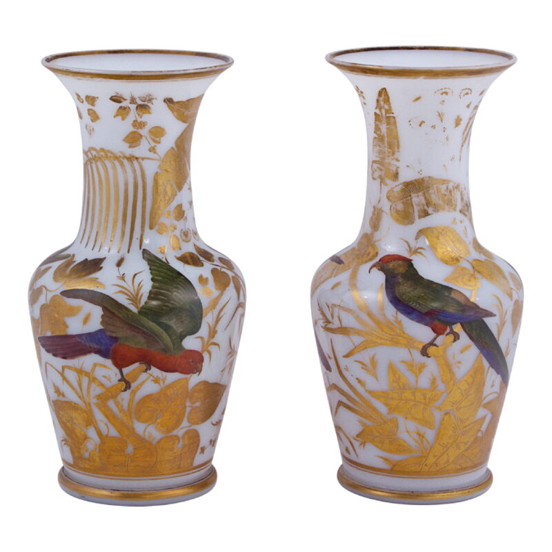 Pair of Baccarat Opaline Vases with Bird Motif