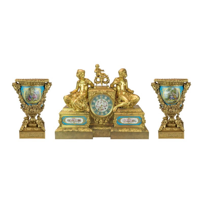 Sevres Style Porcelain and Gilt Bronze Garniture Set