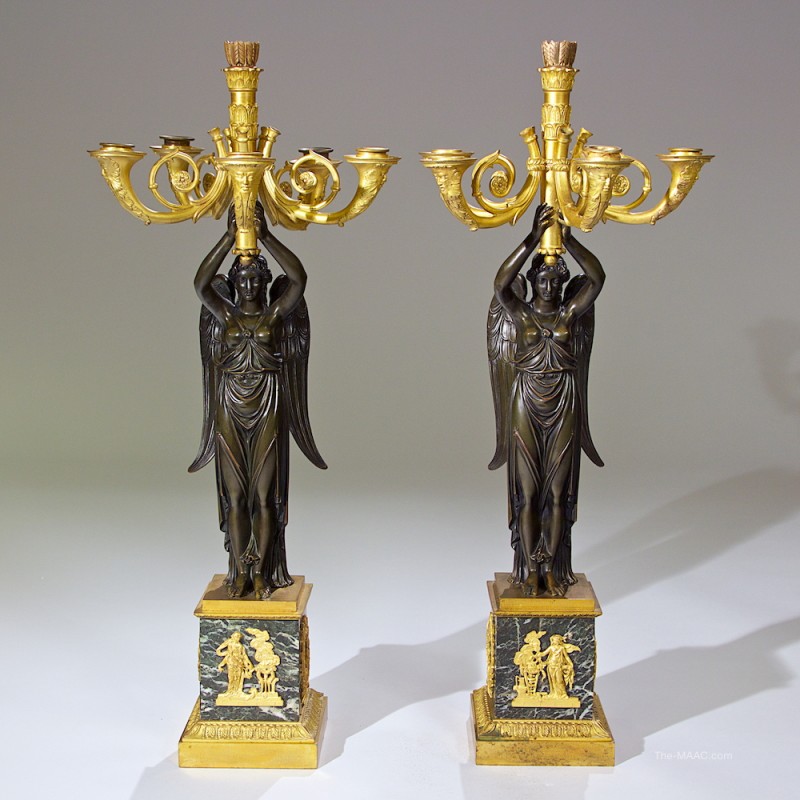 Pair of Empire Gilt Bronze and Marble Candelabras
