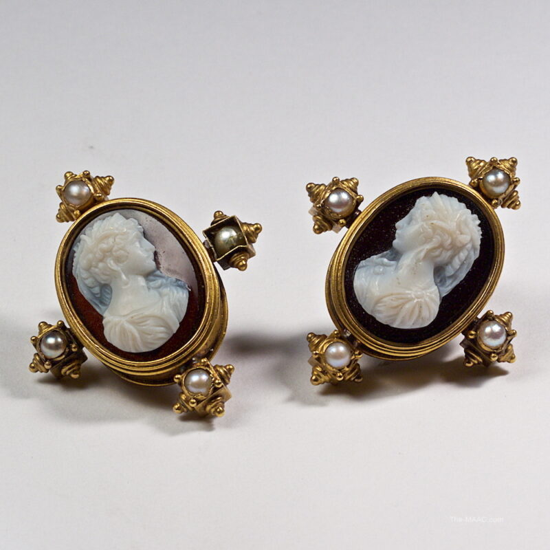 Hardstone Cameo Brooch and Earrings Set in Gold and Pearls - Image 2