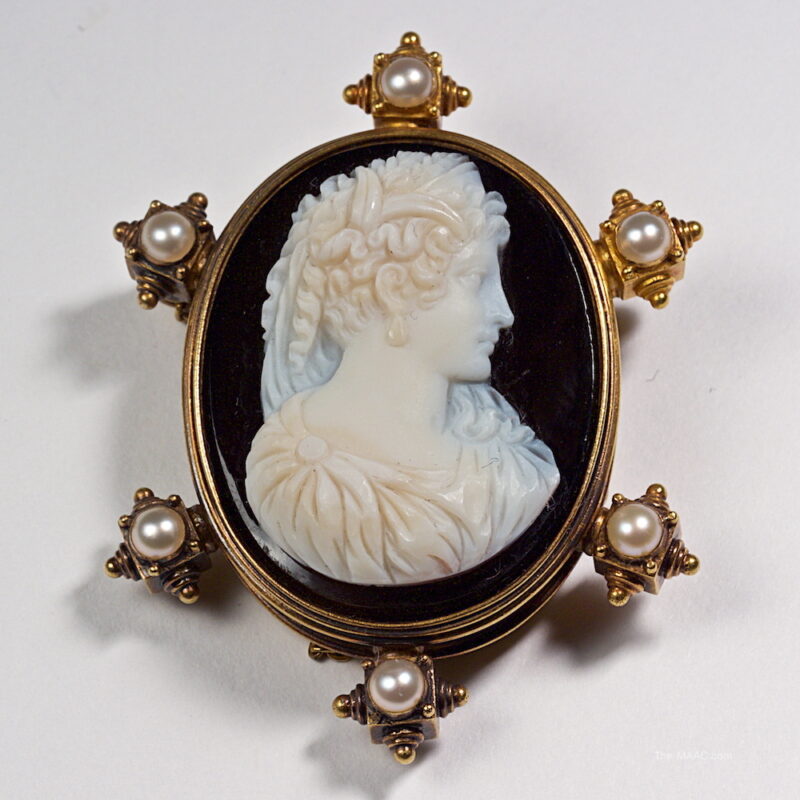 Hardstone Cameo Brooch and Earrings Set in Gold and Pearls