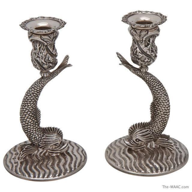 Pair of Figural Sterling Silver Dolphin Form Nautical Candlesticks - at Estate Silver Co. at The Maac