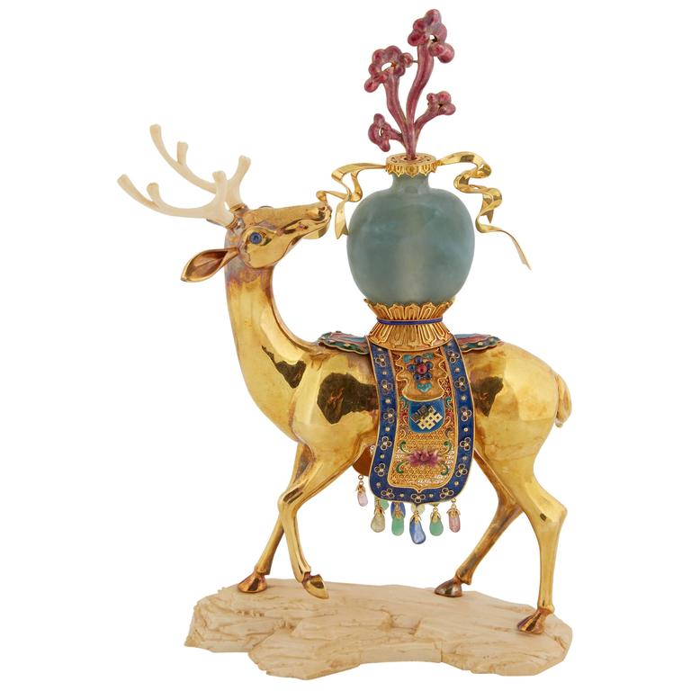Chinese 18-karat solid gold enamel and precious stone deer with jade - at Solomon Treasure 