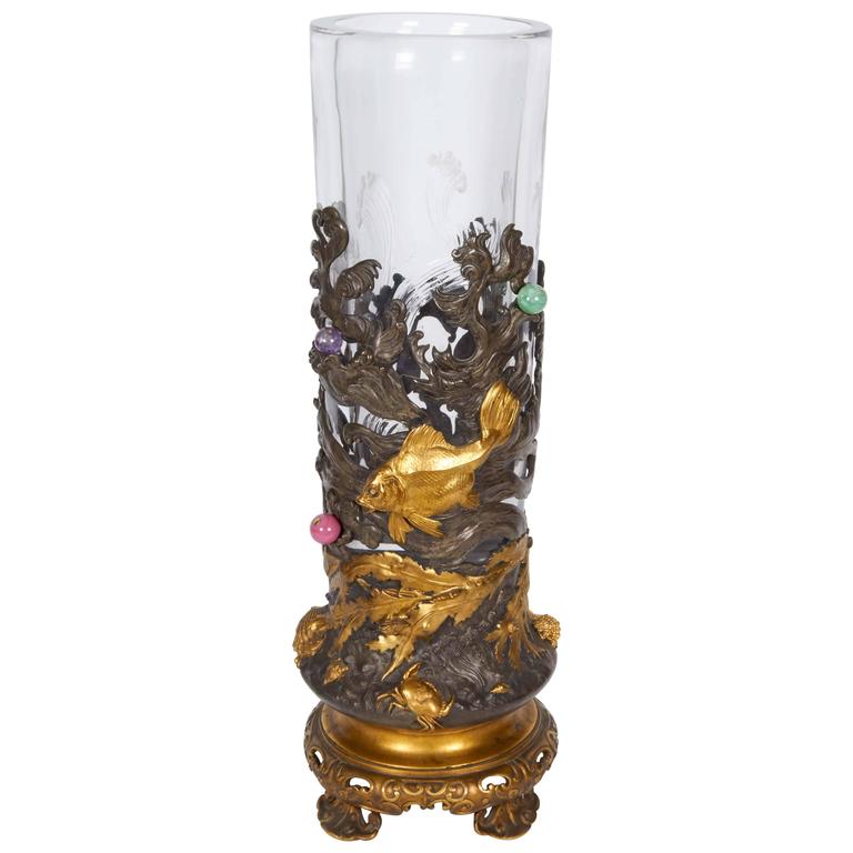 French Japonisme Ormolu and Silvered Bronze Cut Glass Vase L'Escalier De Cristal - at Solomon Treasure