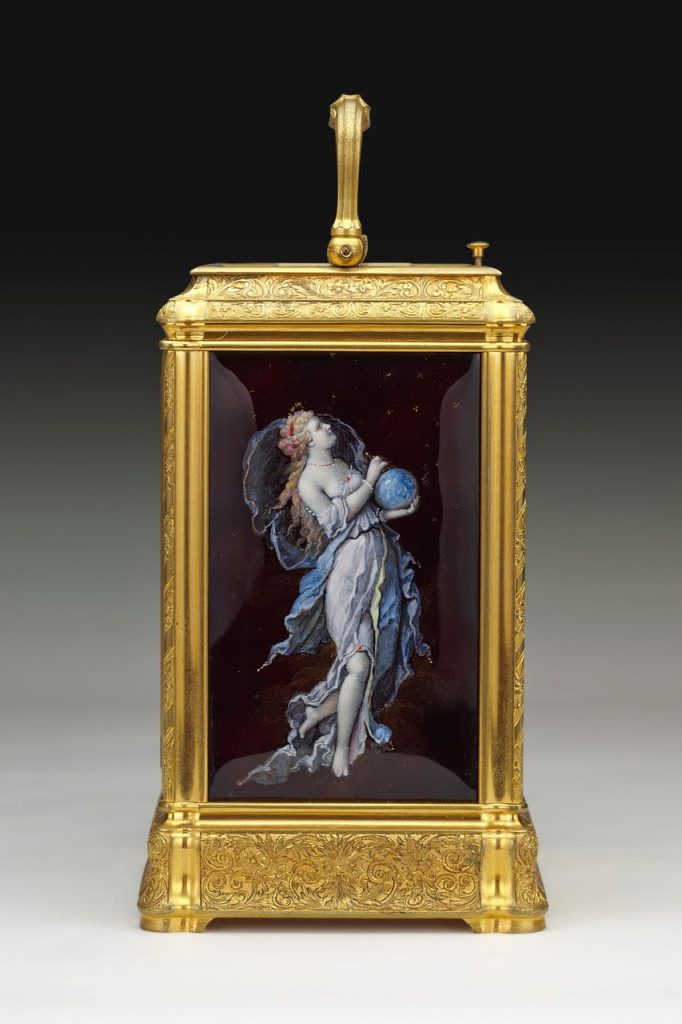 Very fine Carriage Clock with Limoges Panels, Gorge case, finely engraved