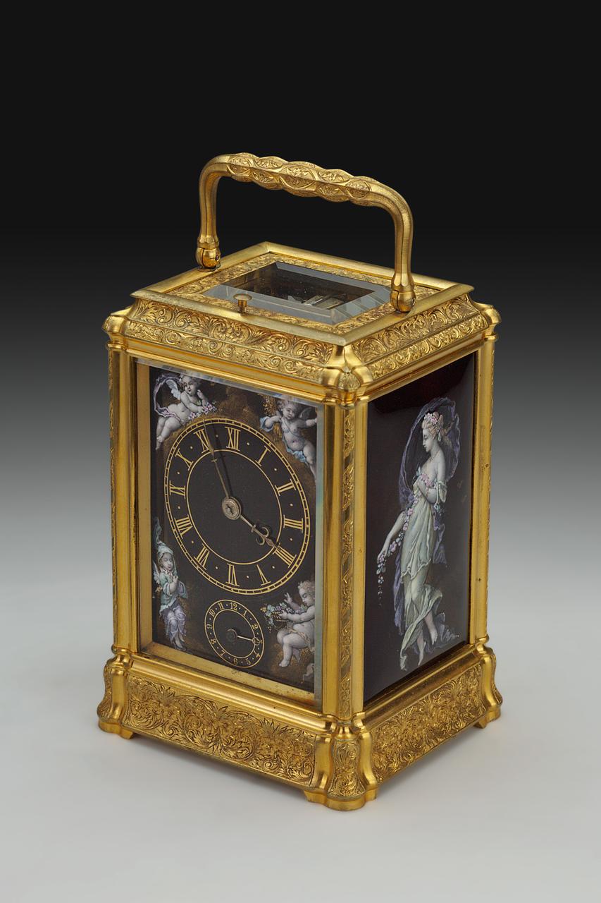 Very fine Carriage Clock with Limoges Panels, Gorge case, finely engraved. 