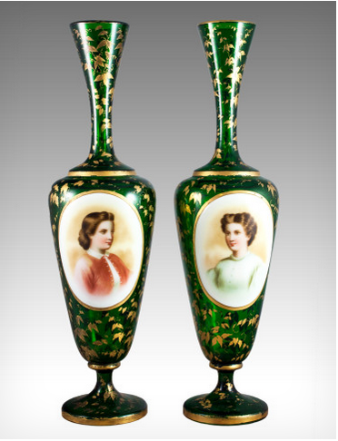 Pair of green Bohemain glass vases. Circa 1880 - at Bella Antiques, NYC