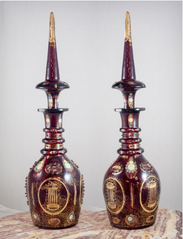 Large pair of red Bohemian glass bottles made for the Persian market - at Bella Antiques, NYC