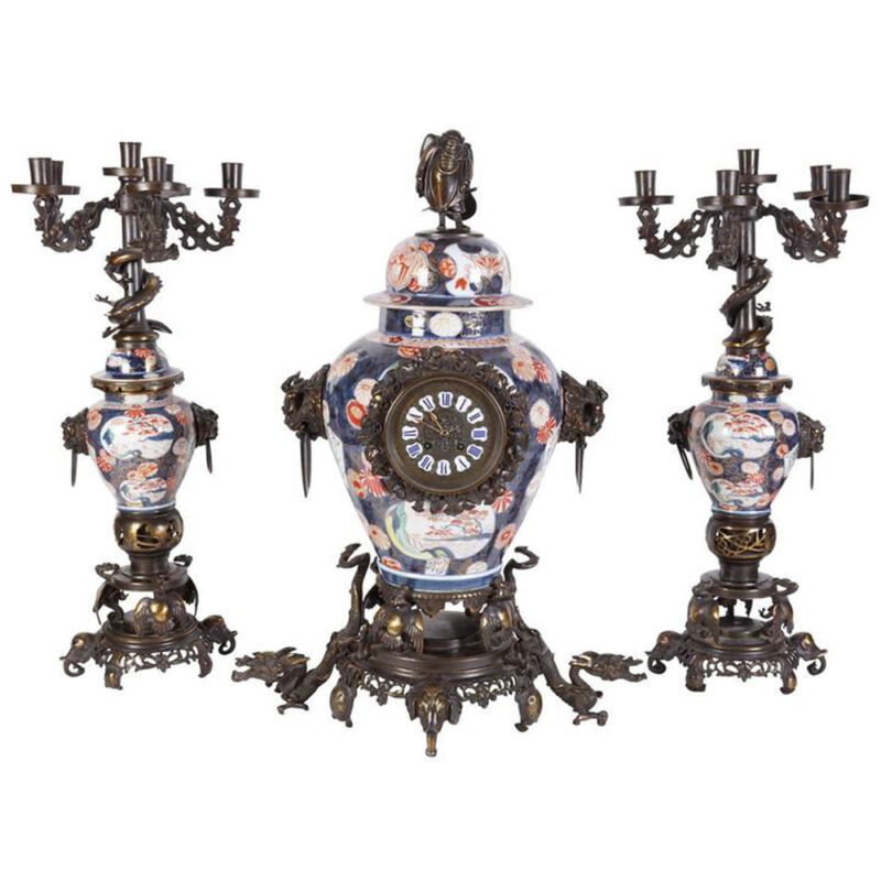 French Japonsime Parcel-Gilt Clock Garniture
