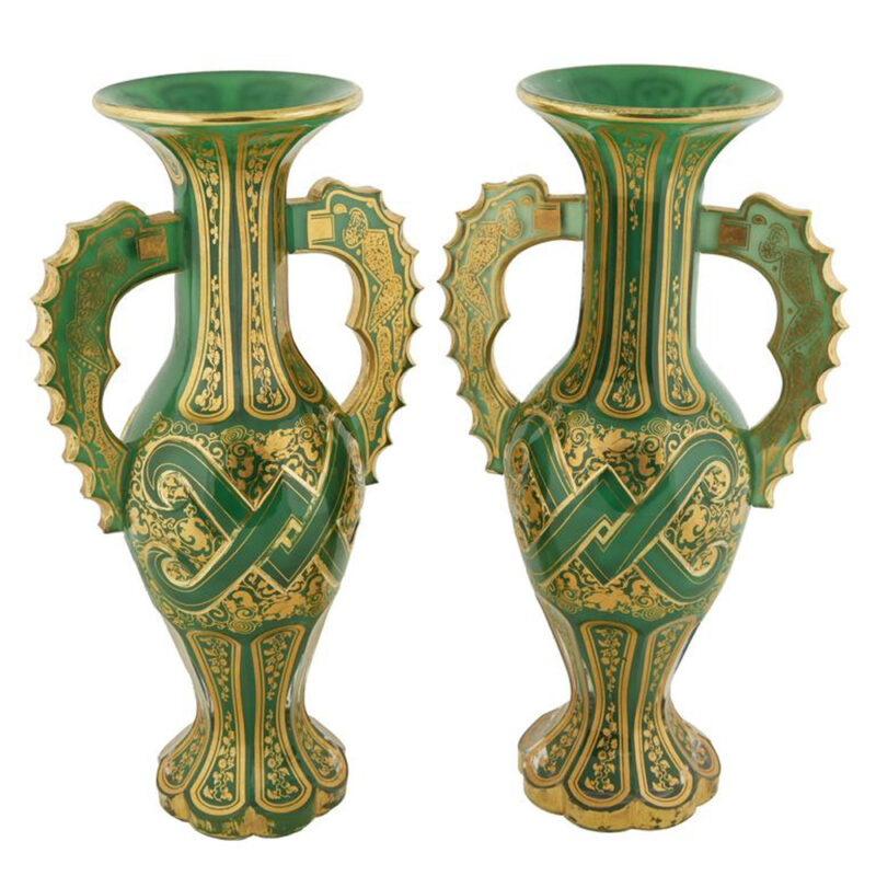 Magnificent Pair of Bohemian Green Gilt and Clear Cut-Glass Vases Alhambra Form