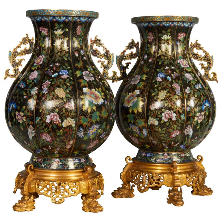 Pair of Chinese Cloisonné and French Barbedienne Bronze-Mounted Vases
