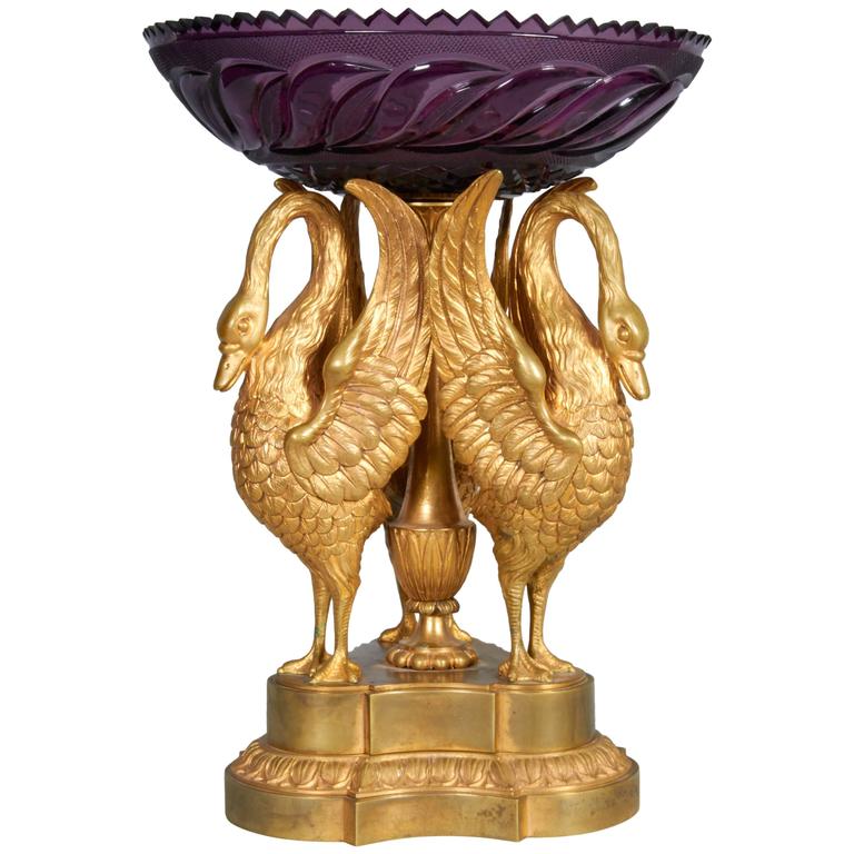 Russian Ormolu and Amethyst Glass Swan Centerpiece - at The MAAC, NYC