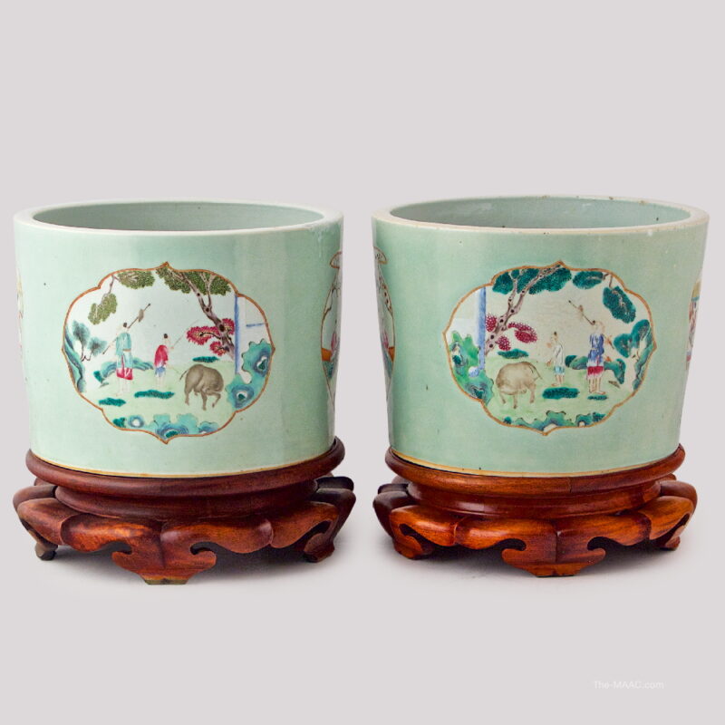 Pair of Chinese Porcelain Jardeniers on Wood Bases