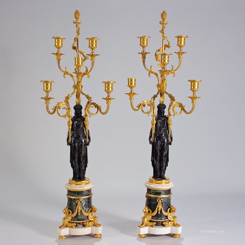 Pair of Empire Bronze and Marble Candelabra