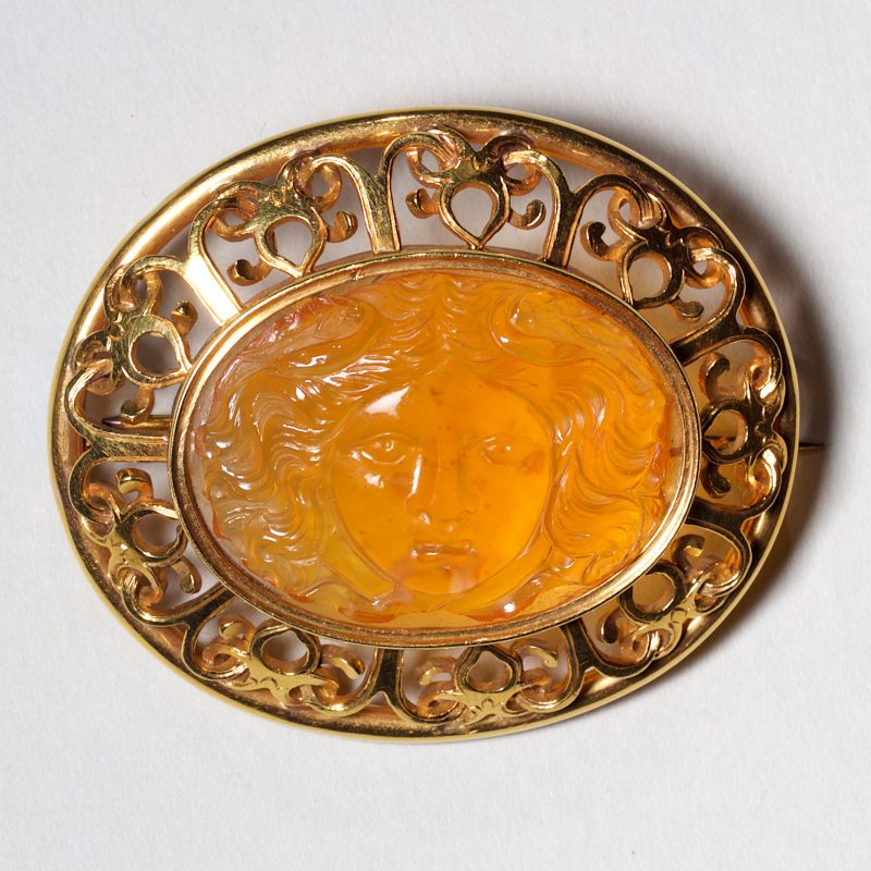 Carnelian and Gold Medusa Cameo Brooch - at Harley Brown - at the Manhattan Art & Antique Center 