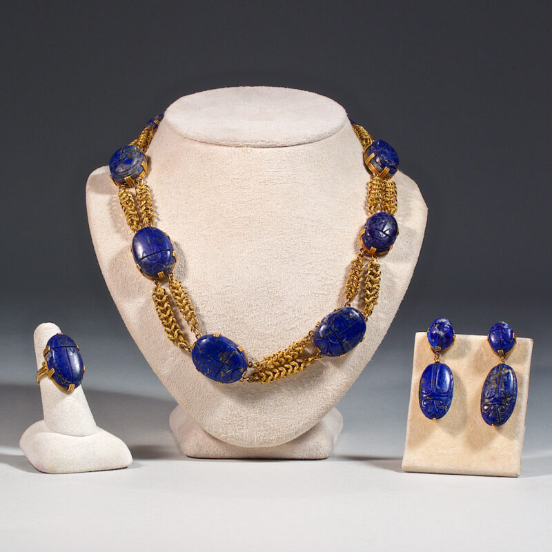 Lapis and Gold Etruscan Revival Necklace, Earrings, and Ring