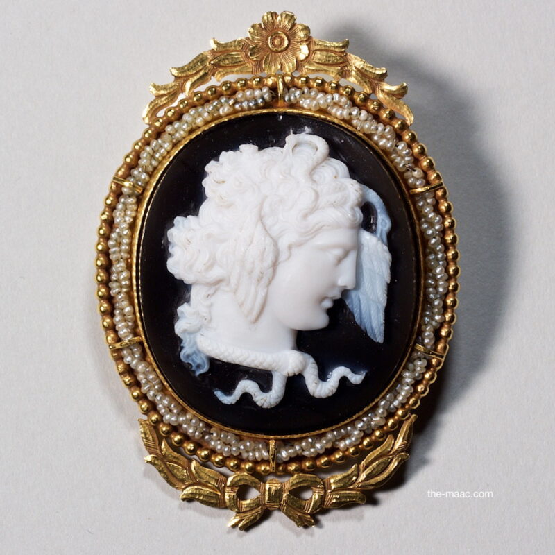 Exceptional Hard Stone Cameo of Medusa in Seed Pearl and Gold Brooch