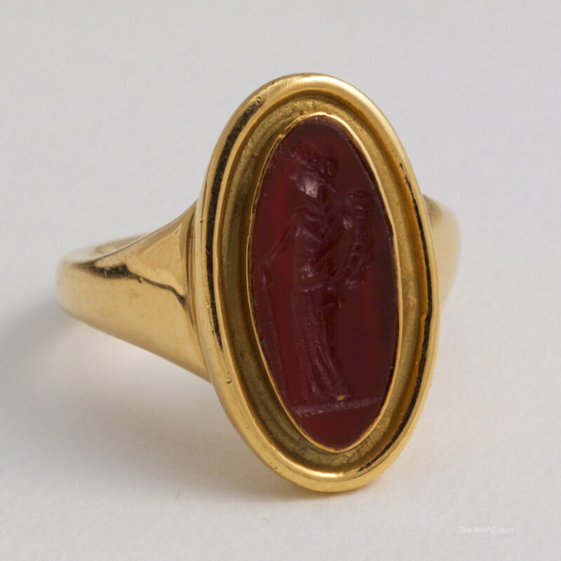 Ancient Carnelian Intaglio of a Maiden in 18K Gold Ring Mount