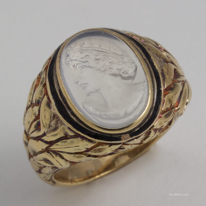 Antique Moonstone Cameo in Gold and Enamel Chased Ring Mounting