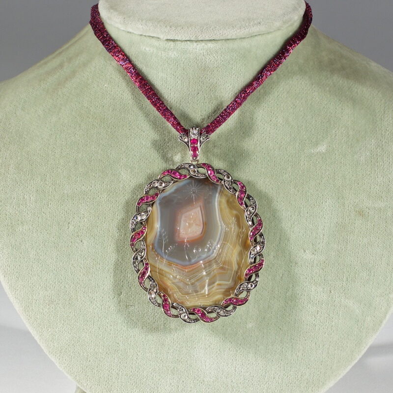 Large 17th Century Romantic Intaglio in Ruby and Diamond Pendant