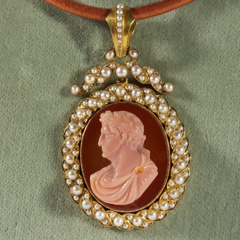 Imposing High Relief Multi Layer Agate and Pearl Cameo Pendant