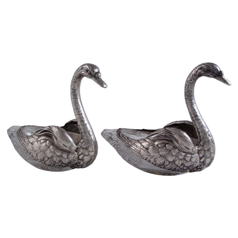 Pair of Sterling Silver and Glass Swans