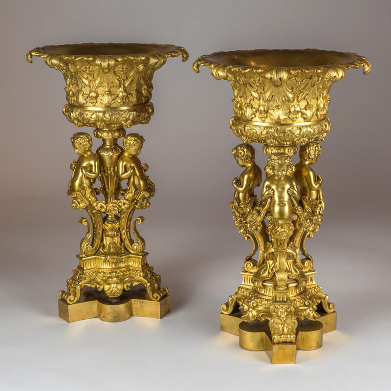 An Elaborate Pair of Figural Gilt Bronze Tazzas