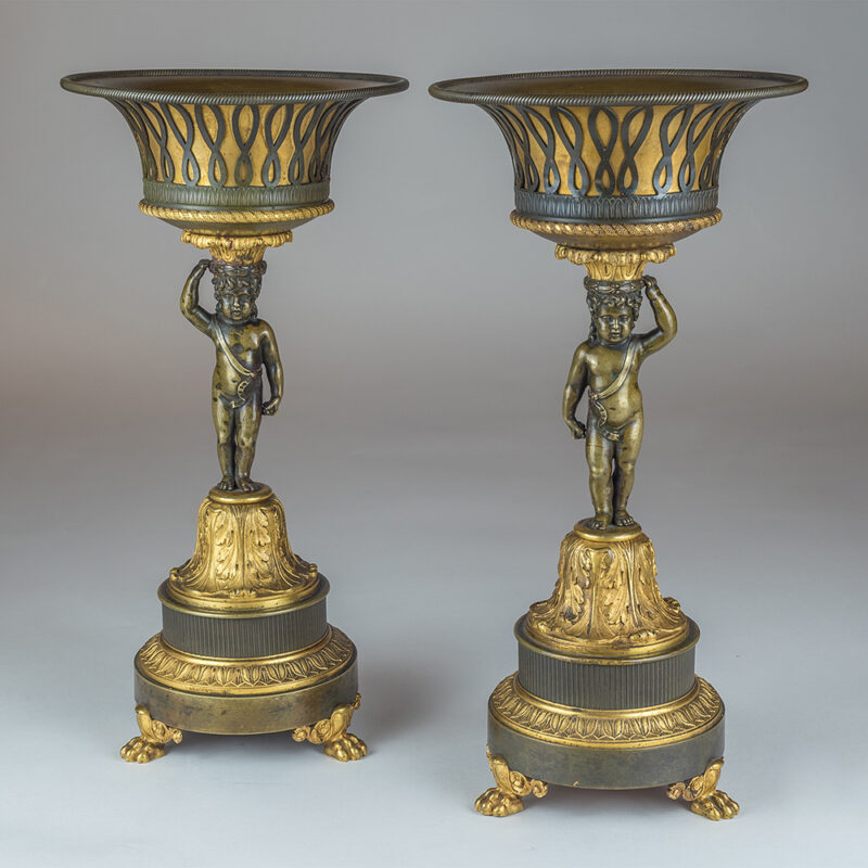 A High Quality Pair of Patinated and Gilt Bronze Figural Empire Tazzas