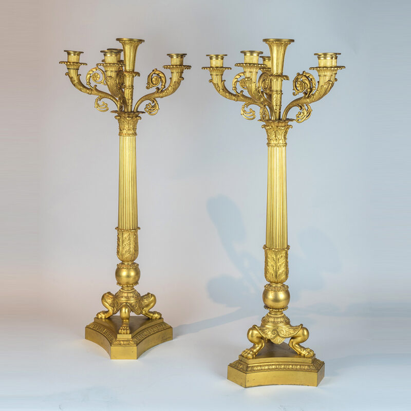 An Exquisite Pair of 19th Century Six-light Gilt Bronze Empire Candelabras