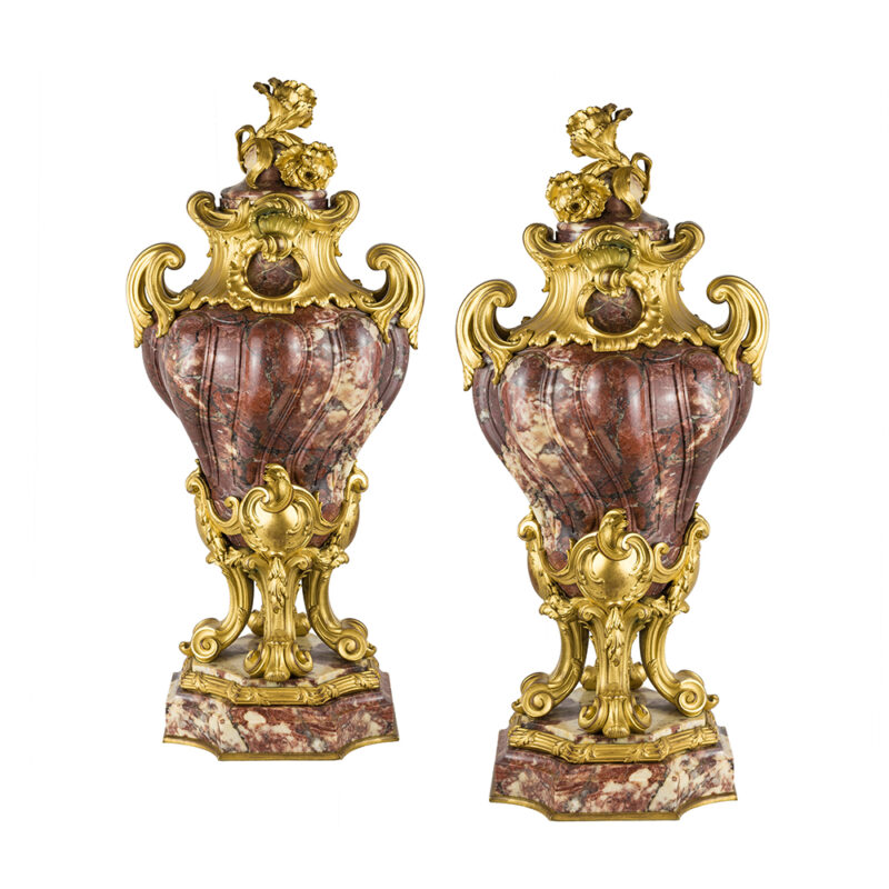 A Fine Pair of Louis XV Style Gilt-Bronze Mounted and Fleur de Pêcher Marble Cassolets