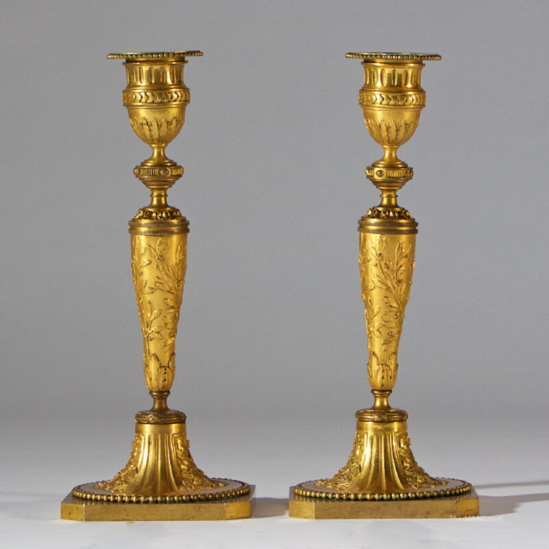Pair of Gilt Bronze Candlestick Adorned with Flowers and Leaves by Alph & Giroux