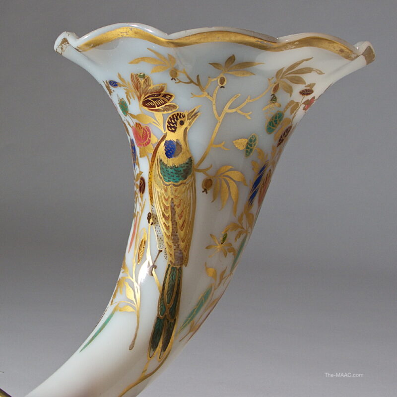 Pair of Baccarat Opaline Glass Cornucopia Vases with Bronze Boar's Head - Image 2
