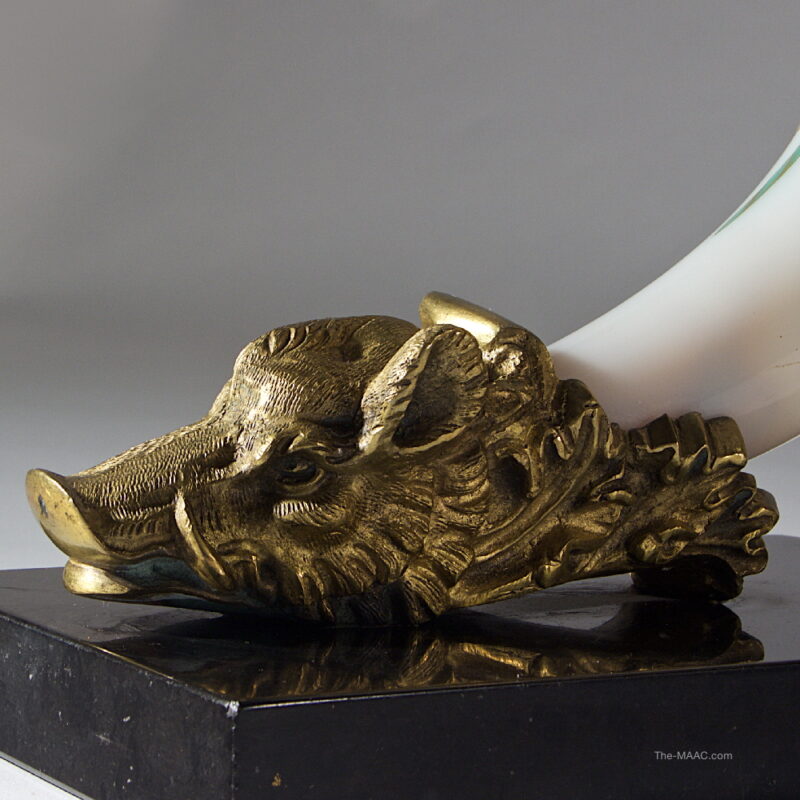 Pair of Baccarat Opaline Glass Cornucopia Vases with Bronze Boar's Head - Image 3