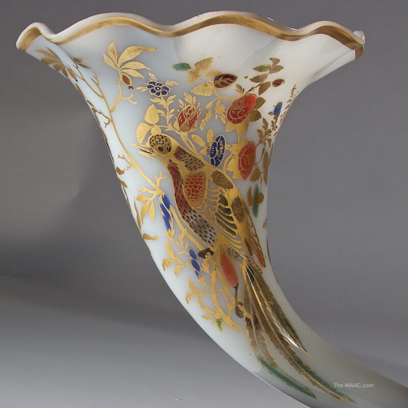 Pair of Baccarat Opaline Glass Cornucopia Vases with Bronze Boar's Head - Image 4