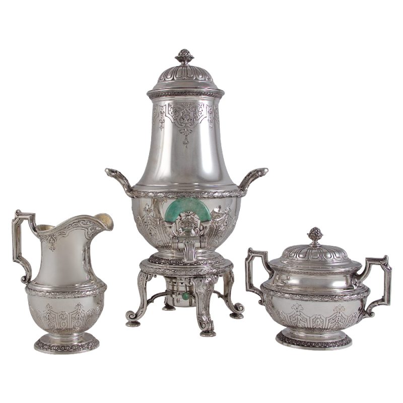 Antique Silver Tea Urn, Creamer, and Sugar Bowl Suite - at Manhattan Art & Antiques Center 