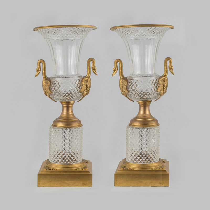 Elegant Pair of French Gilt Bronze Swan Handled with cut crystal Lamps
