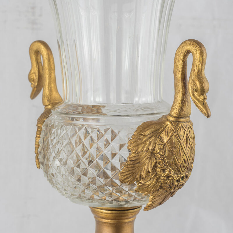 Elegant Pair of French Gilt Bronze Swan Handled with cut crystal Lamps - Image 3